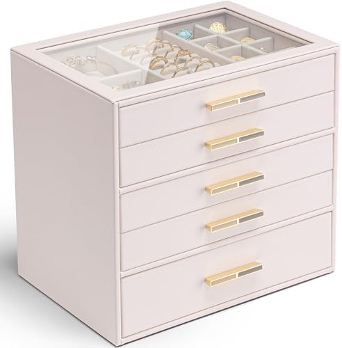 VLANDO 5 Layer Jewelry Box for Women, Glass Lid Jewelry Organizer with 5 Drawers for Necklaces Rings Earrings Bracelets - Light Pink by VLANDO