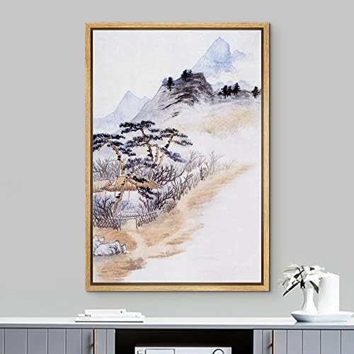 NWT Framed Canvas Print Wall Art Japanese Watercolor Mountain Nature Wilderness Illustrations Modern Art Decorative Landscape Rustic Zen Colorful for Living Room, Bedroom, Office - 24"x36" Natural - Image 2