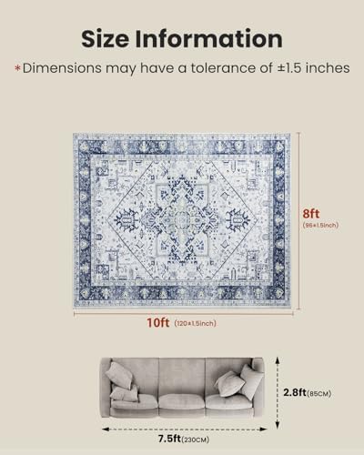 Amada Large 8x10 Washable Area Rug for Living Room, Blue, Vintage Pattern - Image 2