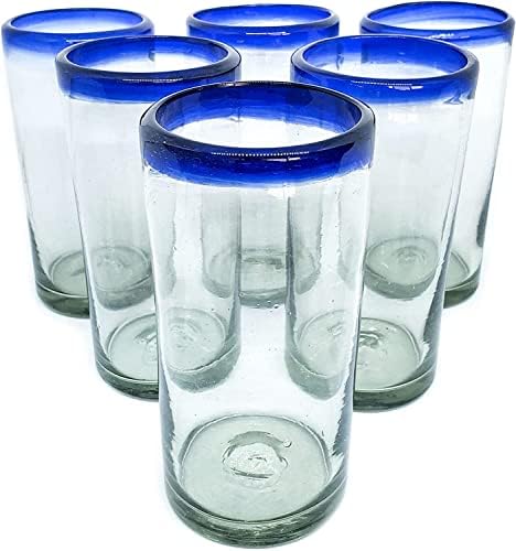 Cobalt Blue Rim 20 oz Tall Iced Tea Glasses (set of 6), Recycled Glass, Lead-free, Toxin-Free (Iced Tea) by MexHandcraft