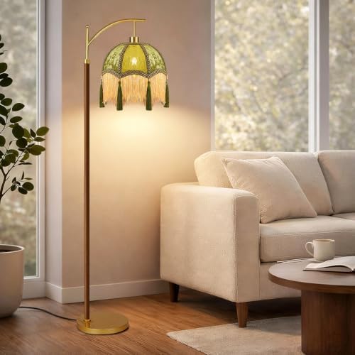 AHDWDW Gold Vintage Floor Lamp for Living Room Bedroom,Arc Victorian Floor Lamps with Remote,Wood Standing Tall Lamp with Green Tassels Velvet Lampshade,Fringe Dimmable Modern Floor Lamp for Corner - Image 6