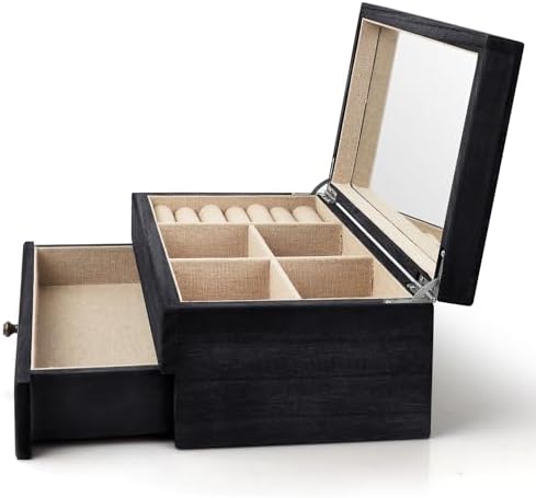 Meangood Jewelry Box Organizer for Women, 2 Layer Large Jewelry Storage Case, Rustic Wooden Jewelry Box with Mirror & Ring Tray for Necklace Earring Bracelets Rings, Vintage Style (Black) - Image 6