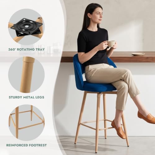 Swivel Bar Stools Set of 4, Counter Height Barstools for Kitchen Island, 26" Seat Height Bar Chairs for Dining Room, Upholstered Bar Stool with Back and Footrest, Blue - Image 3