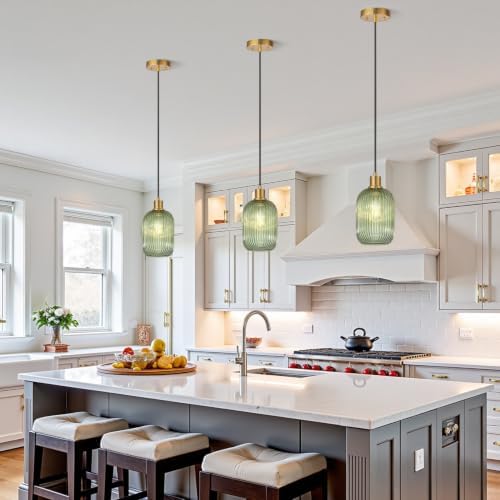 2 Pack Pendant Lights with Vintage Green Ribbed Glass Lampshade, Adjustable Brushed Gold Pendant Lights Fixtures for Kitchen Island Lighting Sink, Dining & Living Room Hallway (Bulbs Not Included) - Image 7