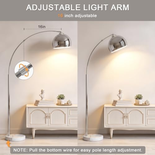 Arc Floor Lamp for Living Room, Modern Chrome Floor Lamp with Marble Base - Image 4