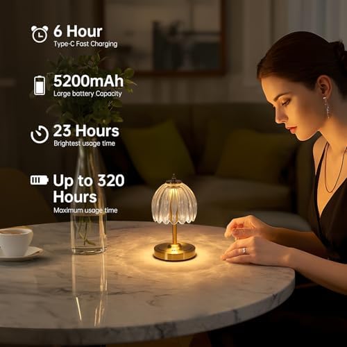 Shenmoyl Tulip Small Table Lamp, 5200mAh Cordless Touch Control Mini Table Lamp with 3 Color Temps & Stepless Dimming, Perfect for Small Spaces like Dressers, Bedsides, Bookshelves (Transparent Tulip) - Image 6