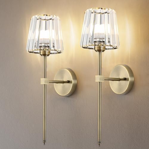 Crystal Battery Operated Wall Sconces Set of 2, Brass Rechargeable Wireless Wall Lights with Crystal Lampshade, 12 RGB and 3CCT Dimmable Wall Lamp with Remote for Bedroom Living Room Hallway by LJUJAM