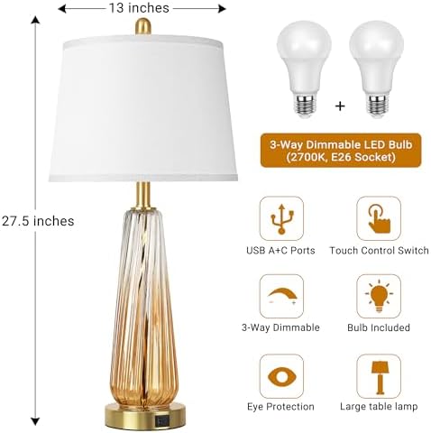 Glass Table Lamps Set of 2, Modern Bedside Lamps for Bedrooms with 3-Way Dimmable Touch Control Nightstand Lamp with White Lampshade USB A+C Ports, 27.5" Large Lamps for Living Room Decor, Champagne - Image 4