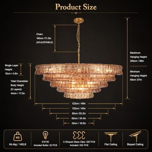 48" 5-Tier Smoked Ripple Glass Chandelier, 20-Light Round Brass Chandelier - Image 3