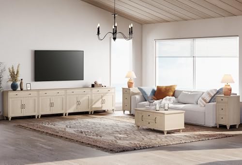 WAMPAT Farmhouse Buffet Cabinet with 8 Doors and 4 Drawers, Beige, 136 inch - Image 6