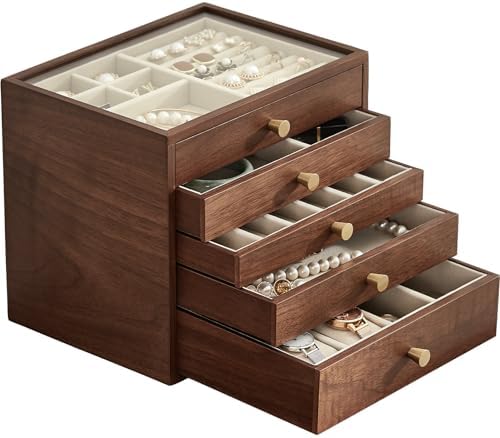 CHOSIN Black Walnut Wooden Jewelry Box Women large 5 Level Drawer Organizer Box with Glass Lid for Necklaces Watch Necklace Ring Earring Storage, Ideal Gift for Her by CHOSIN