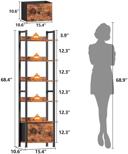 Furologee Book Shelf Set of 2, 6 Tier Tall Shelf with Drawer, Bookshelves and Bookcases Set of 2, Industrial Display Shelving Unit for Bedroom, Living Room, Home Office, Rustic Brown - Image 3