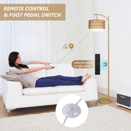 Gold Floor Lamps for Living Room with Remote & Dimmable LED Bulb, Modern Arc Floor Lamp with 3 Color Temperatures, Boho Standing Lamp with Rattan & Fabric Shades, Adjustable Tall Lamp for Bedroom - Image 5