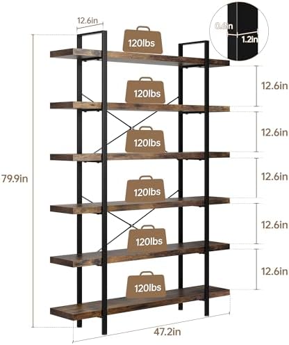 2PCS Heavy Duty 6 Tier Industrial Bookcase for Home Office, Rustic Brown - Image 2