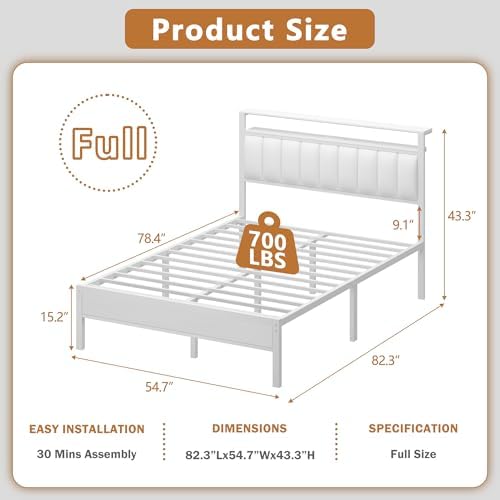 Furnulem White Full Size Bed Frame with Charging Station & LED Lights - Image 2