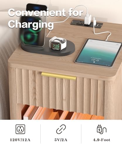 Akxomel Fluted Nightstand Bedside Table with Charging Station Oak - Image 6
