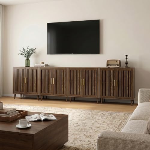 Smart FENDEE Sideboard Cabinet, 31.5" W Farmhouse Buffet Cabinet with Slatted Doors & Adjustable Shelf, Wood Coffee Bar Storage Station for Kitchen, Dining Room, Living Room, Entryway, Walnut Color - Image 6