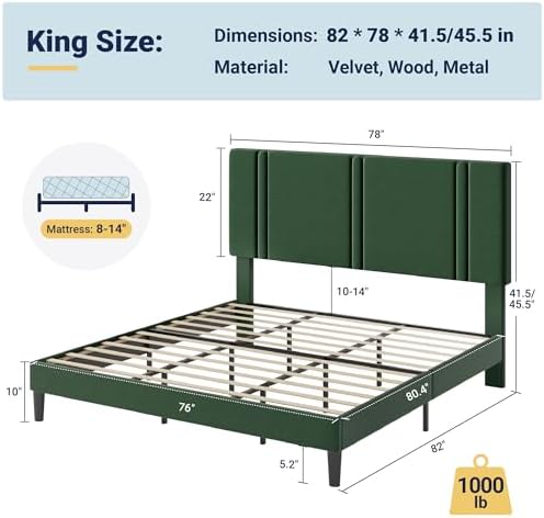 Allewie King Size Platform Bed Frame with Velvet Upholstered Headboard - Image 2