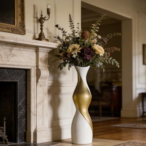 Table Floor Vase 23.6" White Gold, Resin Two-Tone Vase for Dried Pampas Grass Branches, Modern Home Decor for Living Room Shelf Entryway Table Corner by Luystoka