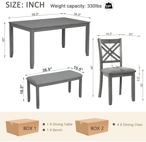 Harper & Bright Designs 6 Piece Kitchen Dining Room Set, Rectangular Wooden Dining Table with 4 X-Back Upholstered Chairs and 1 Bench, Modern Wood Furniture Set for 6 People, Grey Finish - Image 2
