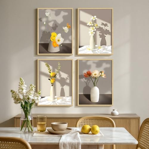 Framed Botanical Floral Wall Art, 4 Piece Yellow Flower Canvas Painting Prints Artwork for Walls, Modern Elegant Pictures for Living Room Bedroom Kitchen Hallway Dining Room Home Decor, 12x16 Inch - Image 2