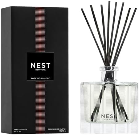 NEST New York Reed Diffuser, Rose Noir & Oud - 5.9 fl oz - Fragrance for Up to 90 Days - Reusable, Refillable Glass Holder - Includes 8 All-Natural Reed Sticks - Flame Free by Unknown