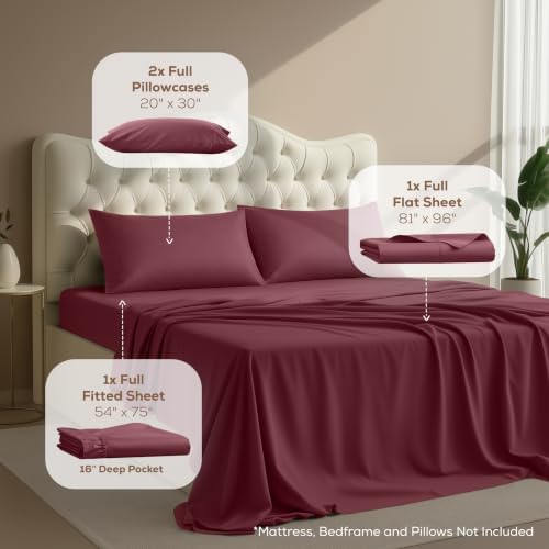 Full Sheets Set, 4 Pieces 16" Deep Pocket Hotel Luxury Bed Sheets, Burgundy - Image 2