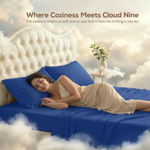 Full Sheets Set, 4 Pieces 16" Deep Pocket Hotel Luxury Sheets, Royal Blue - Image 4