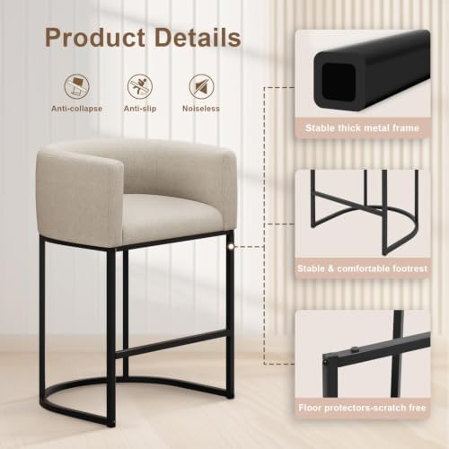 26" H Counter Height Bar Stools Set of 4, Modern Barrel Counter Stools with Backrest and Arms, Linen Fabric Upholstered Accent Barstools for Kitchen Island,Support 450 LBS (Beige) - Image 6