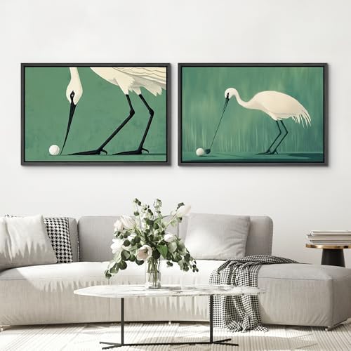 SIGNWIN Framed Canvas Print Wall Art Set Funny Crane Playing Golf Whimsical Bird Illustrations Modern Art Rustic Minimal for Living Room, Bedroom, Office - 16"" x24 x2 Black - Image 4