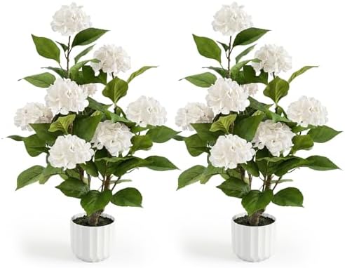 3FT Artificial Hydrangea Tree 2 Pack, Realistic Faux Hydrangea Plants in Pot with White Flowers, Lifelike Faux Greenery Home Indoor Outdoor Front Porch Garden or Wedding, White by Datietiao