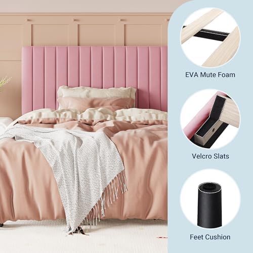 Allewie Twin Bed Frame, Velvet Upholstered Platform Bed with Adjustable Vertical Channel Tufted Headboard, Mattress Foundation with Strong Wooden Slats, Box Spring Optional, Easy Assembly, Pink - Image 7
