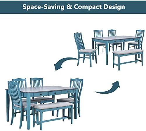 Compact 6-Piece Dining Table Set, Solid Wood Kitchen Dining Room Table Set with 4 Padded Ergonomic Chairs & Bench, 60'' Rectangular Table with Storage Drawer, Space-saving Design (Antique Blue-P) - Image 2