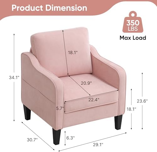 Accent Chairs Set of 2, Upholstered Living Room Chair with Side Pockets, Mid Century Modern Reading Chair for Bedroom, Comfy Armchair Single Sofa Side Chair for Office, Small Room, Pink - Image 2