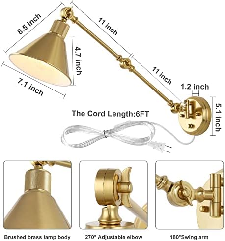 TRLIFE Wall Sconces Plug in, Dimmable Wall Sconces Brushed Brass Swing Arm Wall Lights Plug in Wall Mounted Light Industrial Wall Lights with 6FT Plug in Cord, E26 Base, UL Listed(Two Arms, 2 Pack) - Image 5
