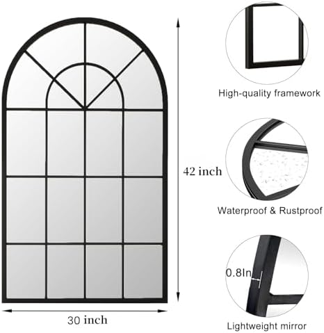 Dewfig Arched Wall Mirror, 42"x30" Metal Frame Windowpane Mirror, Black - Image 7