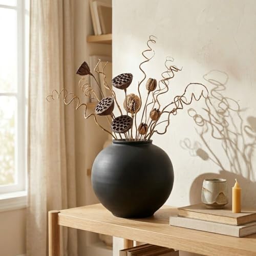 Small Blak Ceramic Vase - 6.1 Inch Small Black Round Vase, Rustic Farmhouse Vase for Home Decor, Dining Table, Shelf, Bedroom, Living Room, Kitchen, Office, Bathroom, Mantle, Centerpiece Décor - Image 5