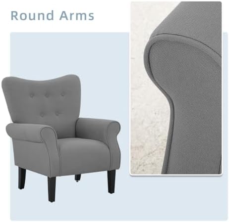 YOLENY Modern Accent Chair,High Back Armchair,Upholstered Fabric Button Single Sofa with Wooden Legs for Living Room,Bedroom,Club,Grey - Image 6