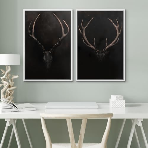 SIGNWIN Framed Canvas Print Wall Art Rustic Antler Skull Dark Dramatic Black Vintage-Inspired Deer and Elk Antlers Illustrations Decorative for Living Room, Bedroom, Office - 16"" x24 x2 White - Image 4