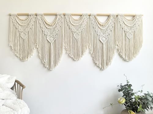 Extral Large macrame wall hanging, 71'' W x 32'' L boho wall art tapestry wall decor for urban entryway,living room,bedroom decor, headboard woven wall art, big fiber art over couch art for Yarn hallway (Wood Bead-B) by guzhiou