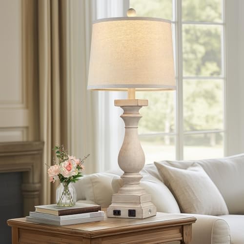 28" Tall Farmhouse Table Lamps Set of 2 with USB C+A Ports and AC Outlet, 3 Way Touch Control Rustic Bedside Lamp for Bedroom, Beige Vintage Nightstand Lamp for Living Room Office - Image 6