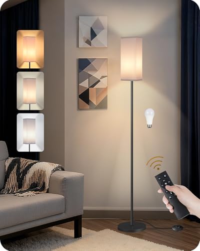 64.2” Dimmable Floor Lamp for Living Room with Remote and Foot Switch, Corner Floor Lamp for Bedroom, Includes 10W A19 Bulb, Modern Standing Tall Lamp, ETL Listed White and Black CW17LD05 by GOEBLESON