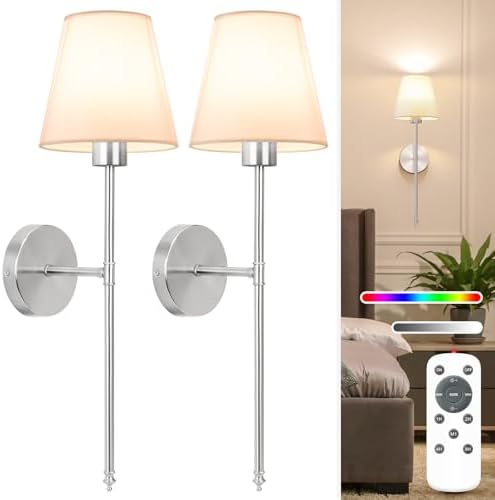 NIORSUN Battery Operated Wall Sconce Set of 2,Brushed Nickel Rechargeable Wall Lights with 10400mAh Dimmable Detachable Bulbs and Remote, 10 Colors Wireless Sconces for Bedroom Living Room Hallway by NIORSUN