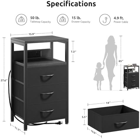 Lazzanto Night Stand with Charger Station, 3 Fabric Drawers, Black - Image 2