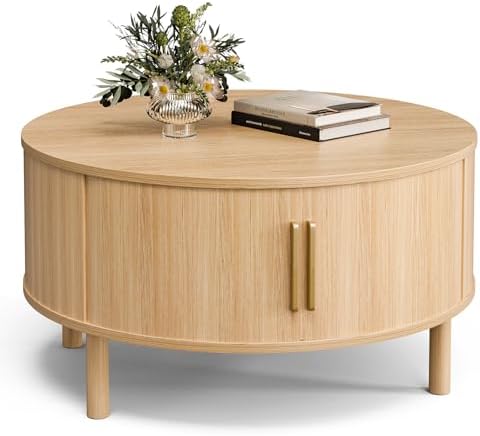 ZttRiee Round Coffee Table with Sliding Doors, Modern, Natural - Image 7