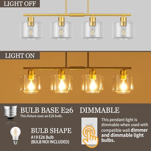 4-Light Brushed Gold Kitchen Island Lighting, Modern Linear Dining Room Chandelier Light Fixtures with Clear Glass and Chain, Mid Century Hanging Lights for Kitchen Island, OS-YQ8153-4ISBGC - Image 4