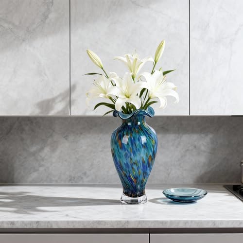 12.2H Murano Hand Blown Glass Vase, Ruffled Scalloped Rim Wide Mouth Colorful Decorative Flower Vase,Large Glass Centerpiece for Living Room,Bathroom,Office,Bookshelf,Entryway,Mantel Decor(Light Blue) - Image 4