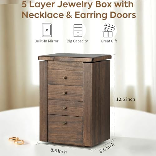 Meangood Jewelry Box Jewelry Organizer, 5-Layer Wooden Jewelry Organizers and Storage Boxes for Women Girls, Ring Earring Bracelet Necklace Holder Organizer with Mirror & Drawers (Walnut) - Image 2