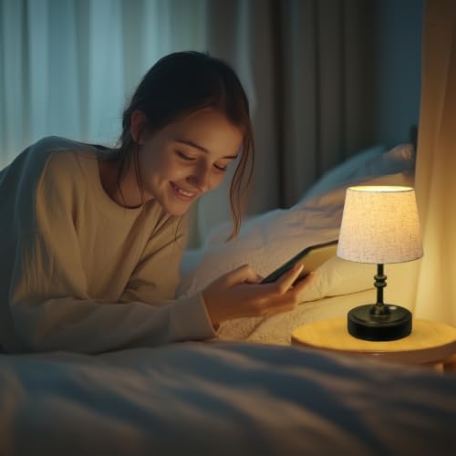 ONEWISH Small Cordless Lamp, Battery Operated Table lamp Dimmable, 4000mAh Rechargeable, Touch Bedside Lamp with Beige Linen Shade, 2700K Bulb Included, for Dining, Patio, Bathroom(Black) - Image 6