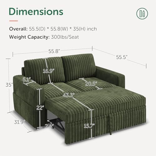 HONBAY Modular Pull Out Sofa Bed,Corduroy Loveseat, Couches for Living Room,Green - Image 2